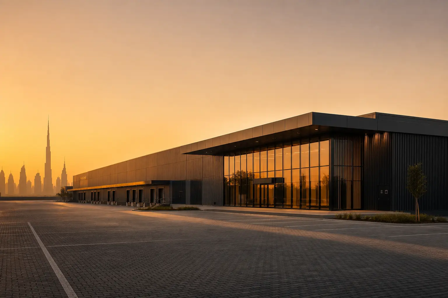 The Zal Warehouse facility exterior at golden hour with the Dubai skyline behind