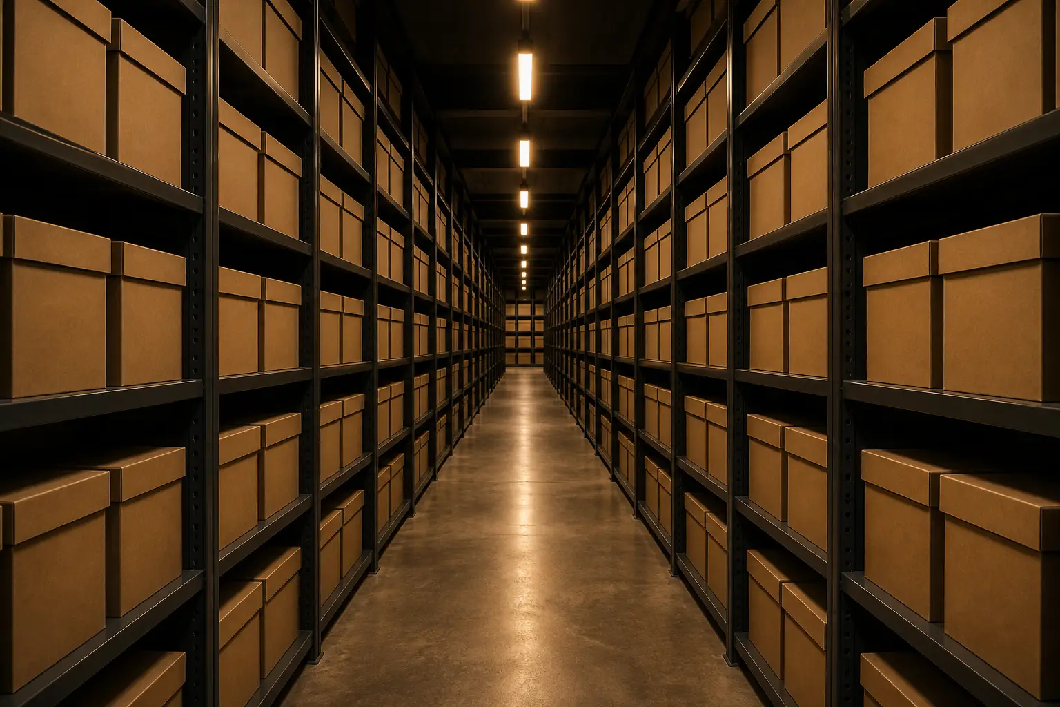 A long corridor of archive shelving filled with uniform kraft boxes