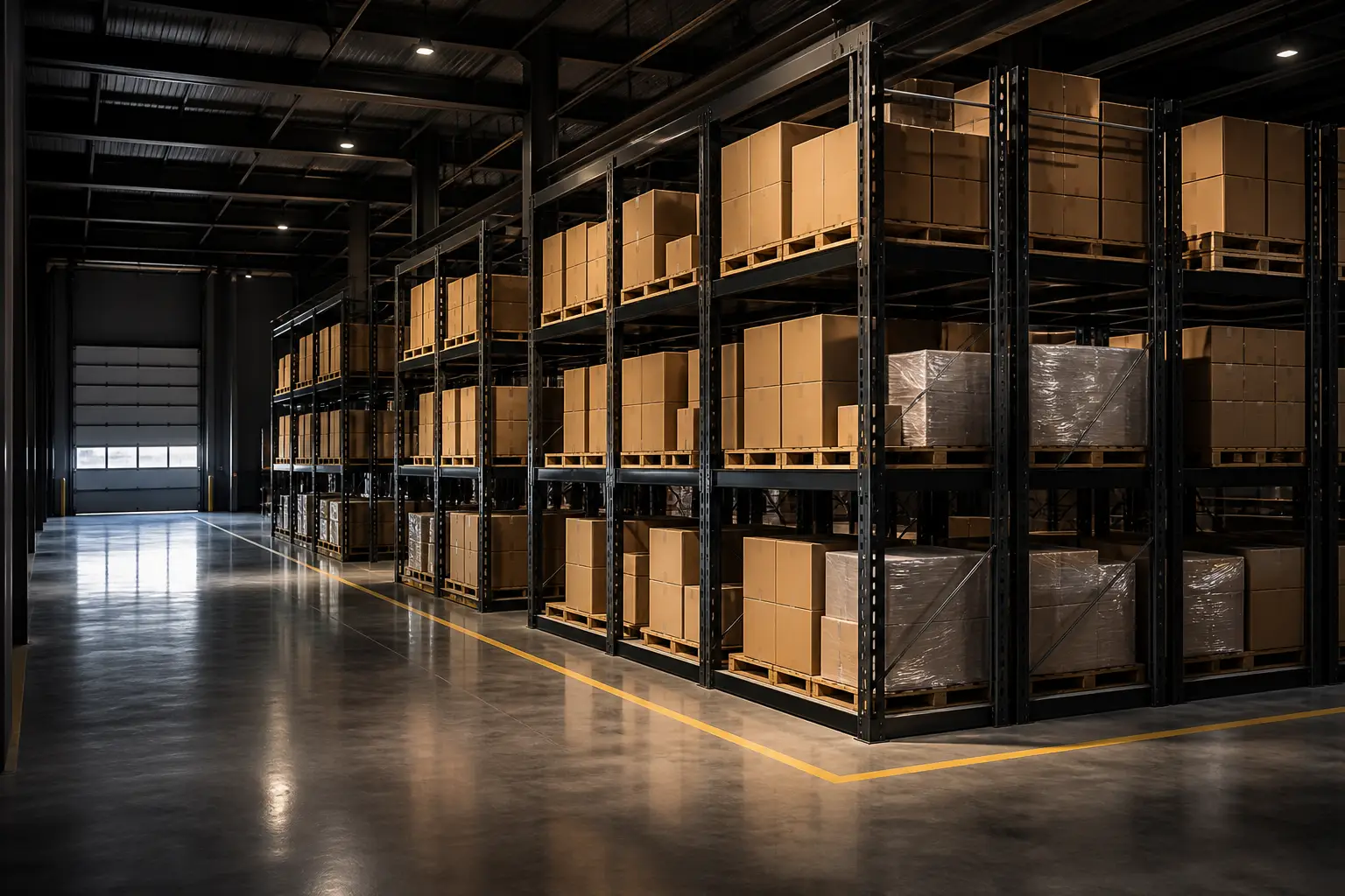 Steel shelving bays holding cartons and wrapped pallets in a commercial storage zone
