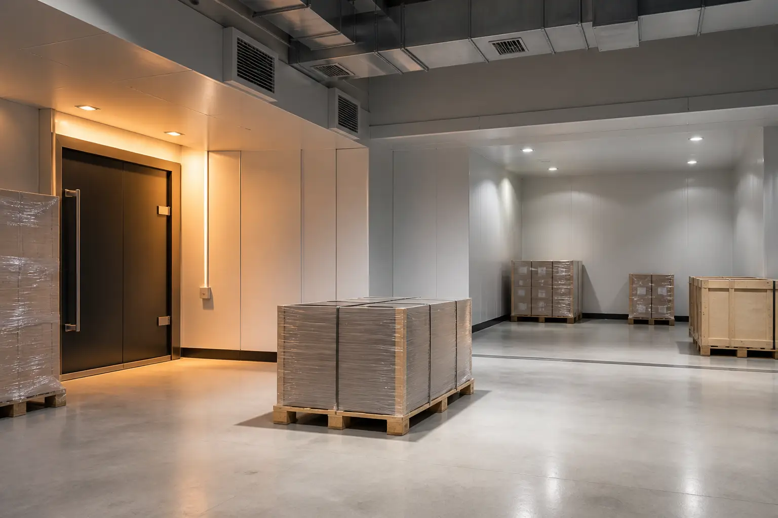 A clean climate-controlled room with insulated panels and sealed pallets