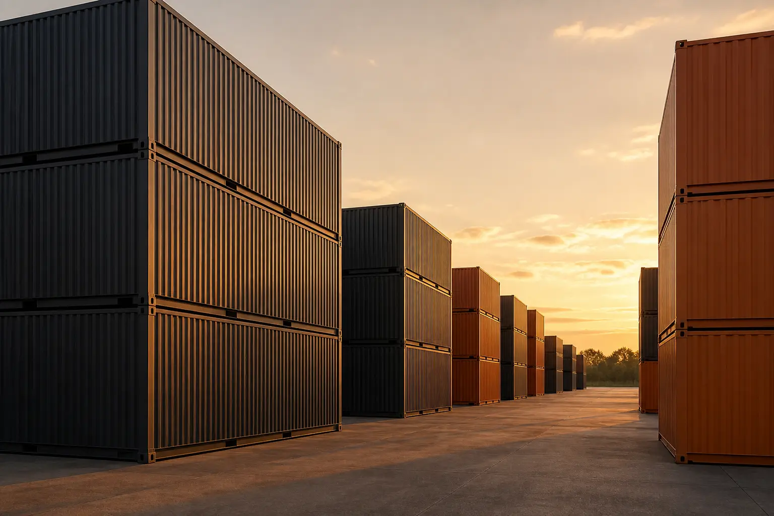 Neat rows of charcoal and amber shipping containers in a paved yard at dusk