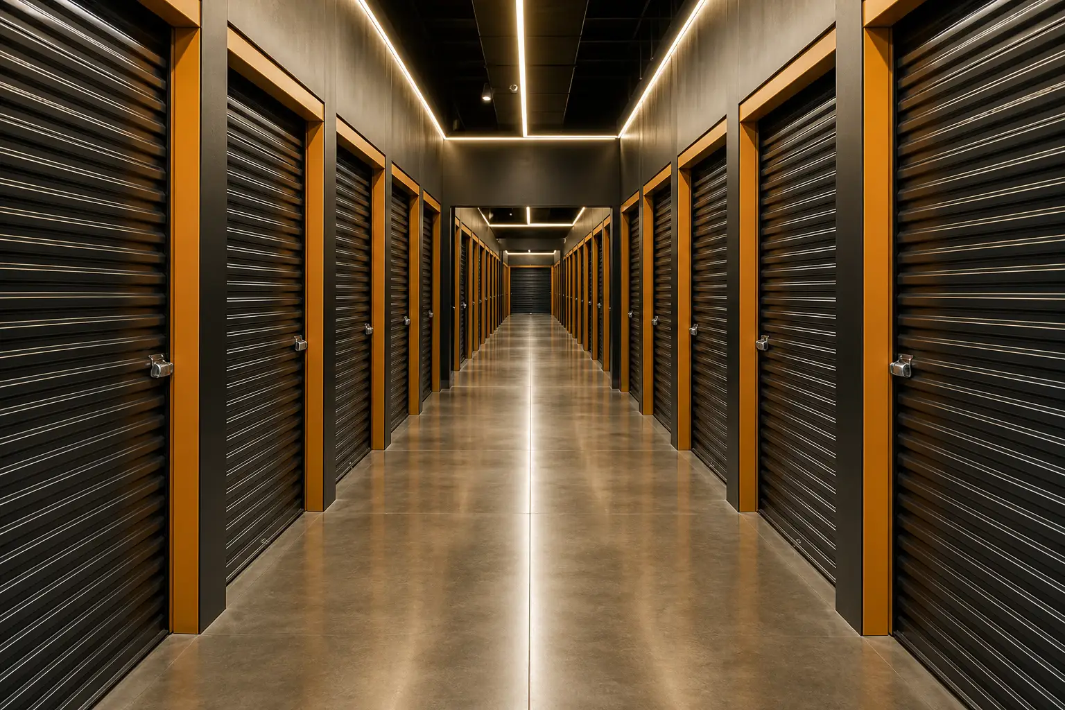 A corridor of secure storage units with charcoal roller doors and amber frames