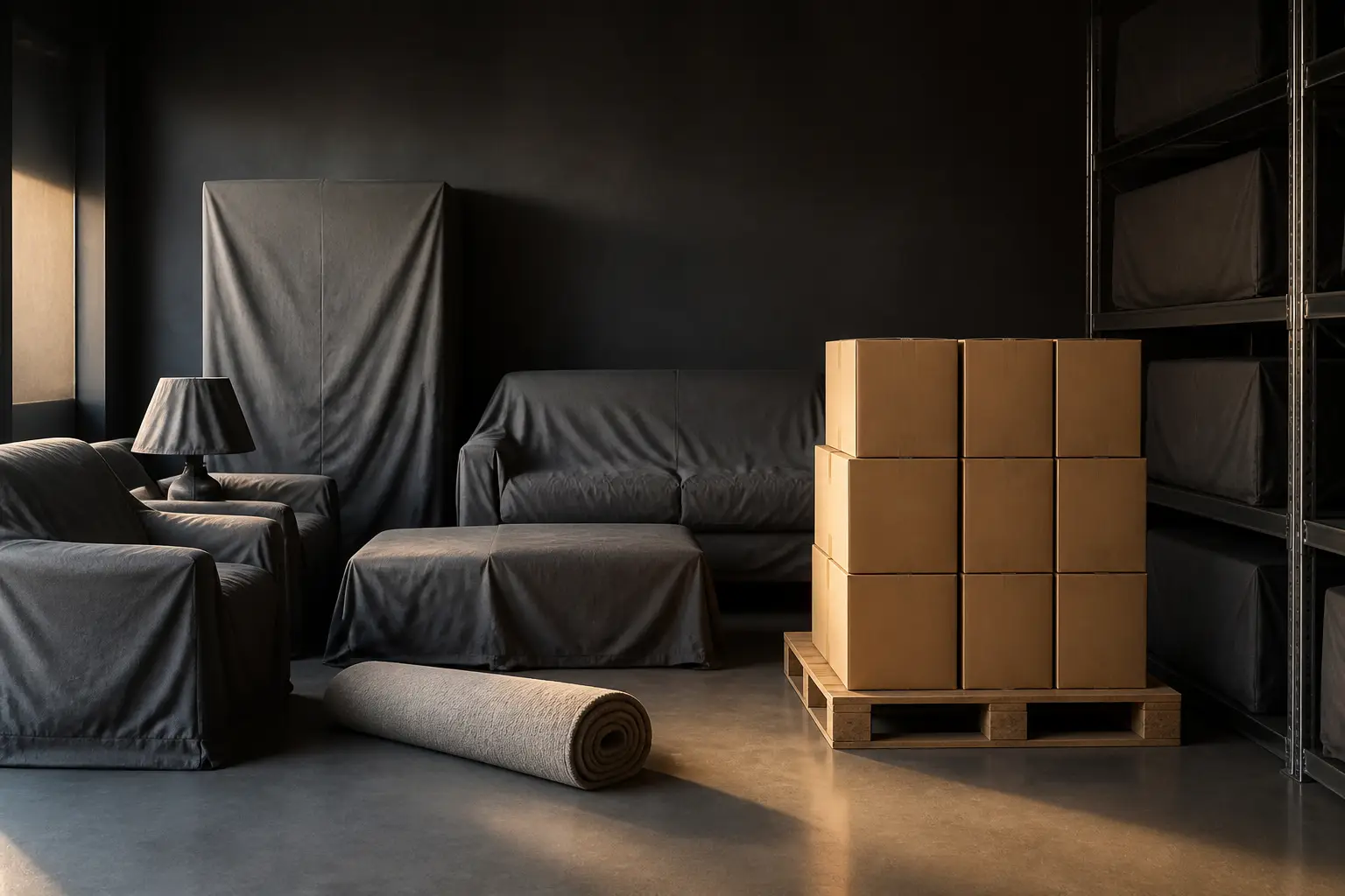 Furniture under fitted covers beside neatly stacked moving boxes in a storage room