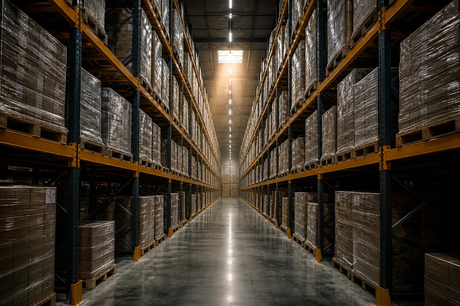 A tall pallet racking aisle with wrapped pallets stacked on amber crossbeams